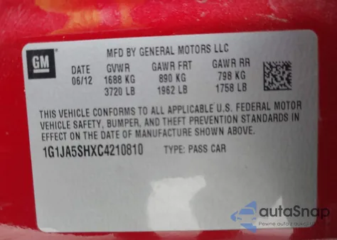 2012 Chevrolet Sonic 2Ls из США, поврежденный, VIN 1G1JA5SHXC4210810